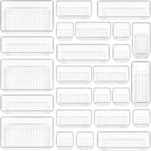 Vtopmart 25 PCS Clear Plastic Drawer Organizers Set, 4-Size Versatile Bathroom and Vanity Drawer Organizer Trays, Storage Bins for Makeup, Bedroom, Kitchen Gadgets Utensils and Office